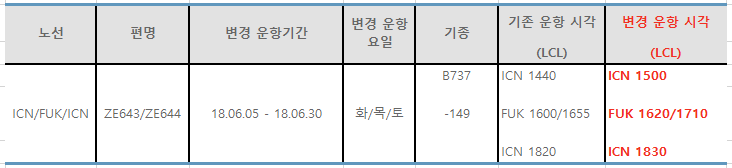 [이스타항공] 후쿠오카 노선 6월 운항시간 변경 안내 (화,목,토)