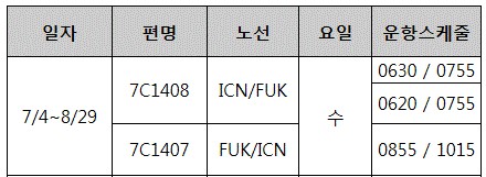 [제주항공]인천-후쿠오카 운항스케줄 안내(7/4~8/29)