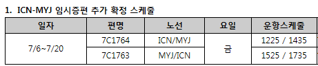 [제주항공] 인천 마츠야마 증편운항 스케줄 안내(7/6~20)