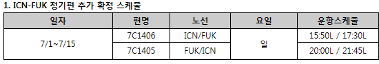 [제주항공] 인천-후쿠오카 증편운항 스케줄안내