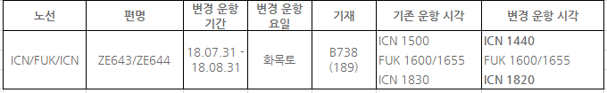 [이스타항공] 후쿠오카노선 7/31~8월 운항시간 변경 안내(화,목,토)