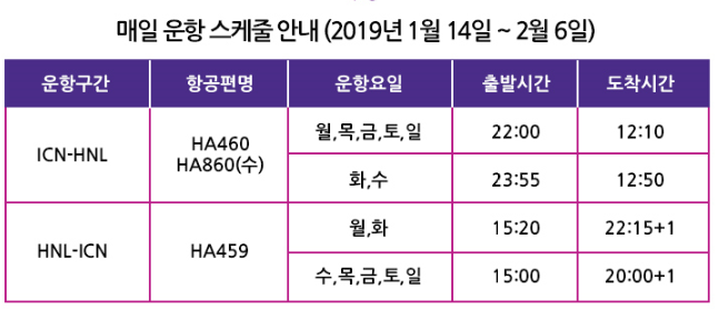 [하와이안항공] 겨울 성수기 인천-호놀룰루 매일 운항