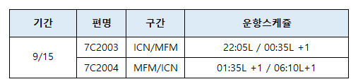 [제주항공] 인천-마카오 증편운항 안내 (9/15)