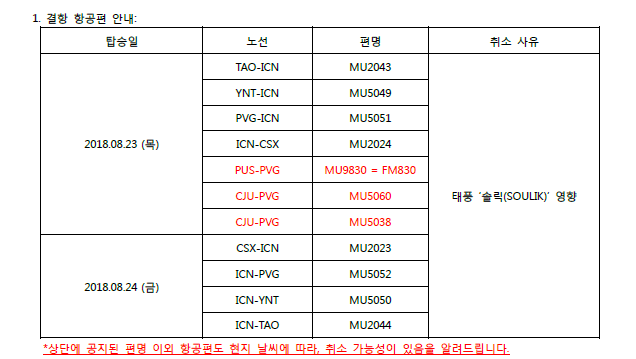[중국동방항공]18MU149-1_태풍 ‘솔릭(SOULIK)’으로 인한 결항 항편 안내(8.23수정_편명 추가)