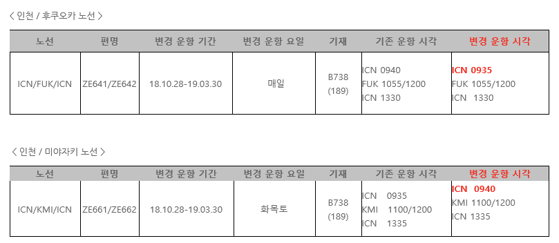 [이스타항공] 인천-후쿠오카/미야자키 동계스케쥴 운항시간 변경 안내 ( 5분 )