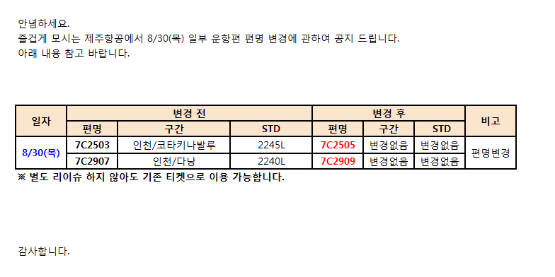 [제주항공] 동남아 8/30(목) 코타키나발루, 다낭노선 편명변경 공지