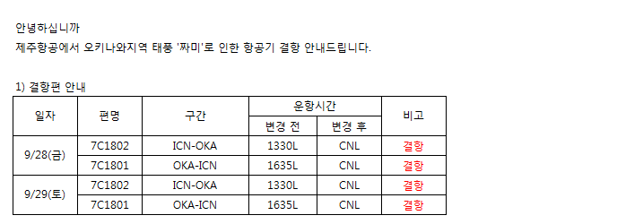 [제주항공] 인천-오키나와 태풍'짜미'로 인항 항공기 결항안내