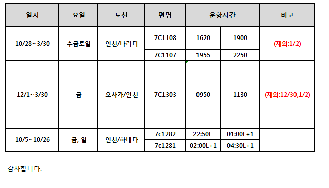 [제주항공] W18 정기 스케쥴 오픈공지