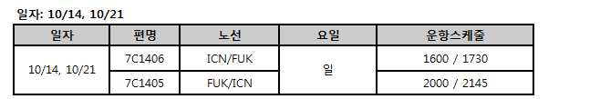 [제주항공] 인천-후쿠오카 10/14,10/21 운항스케쥴 오픈안내