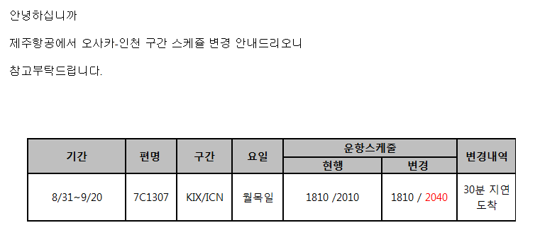 [제주항공] 간사이-인천 7C1307 운항스테쥴변경 안내