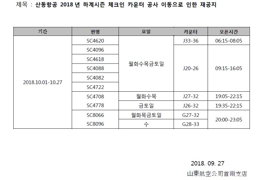 [산동항공] 2018년 하계시즌 체크인 카운터 공사 이동으로 인한 재공지