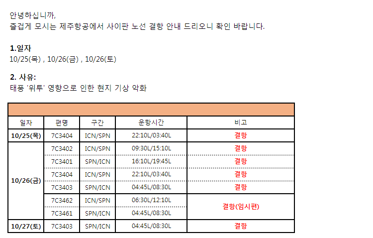 [제주항공] ★2차 공지★ 부산-사이판 10/25,26,27 태풍으로 인한 결항 안내