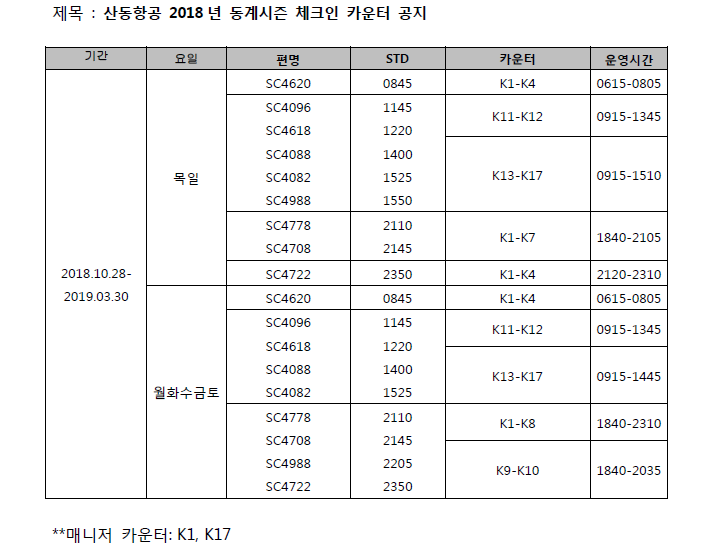 [산동항공] 2018년 동계시즌 체크인 카운터 공지