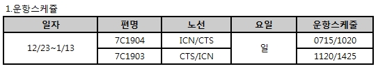 [제주항공] 인천-삿포로 정기편 증편스케줄 오픈안내 (12/23~1/13)