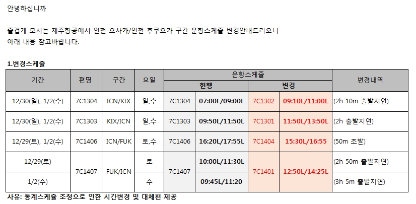 [제주항공] 인천-오사카/인천-후쿠오카 동하계스케줄 조정으로 운항취소 및 변경 안내