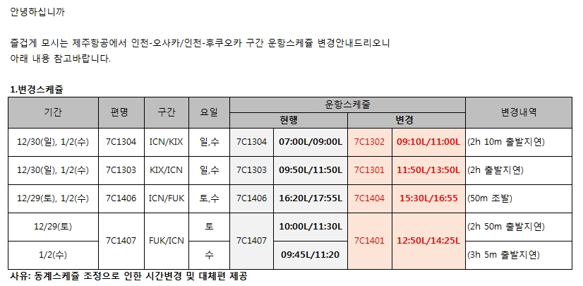 [제주항공] 인천-오사카/인천-후쿠오카 동하계스케줄 조정으로 운항취소 및 변경 안내