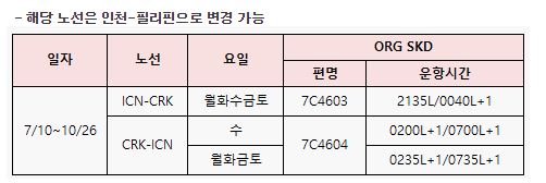 [제주항공] 인천-클락 비운항편 안내