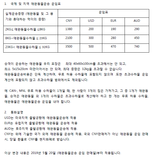 [중국남방항공]국제 및 지역 애완동물운송 운임 변경 안내