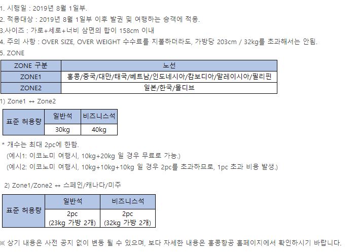 [홍콩항공] 무료 위탁수하물 허용량 변경 안내(19.8/1일부)