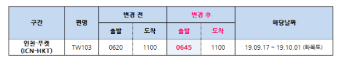 [티웨이항공] 인천-푸켓 운항시각 변경 안내