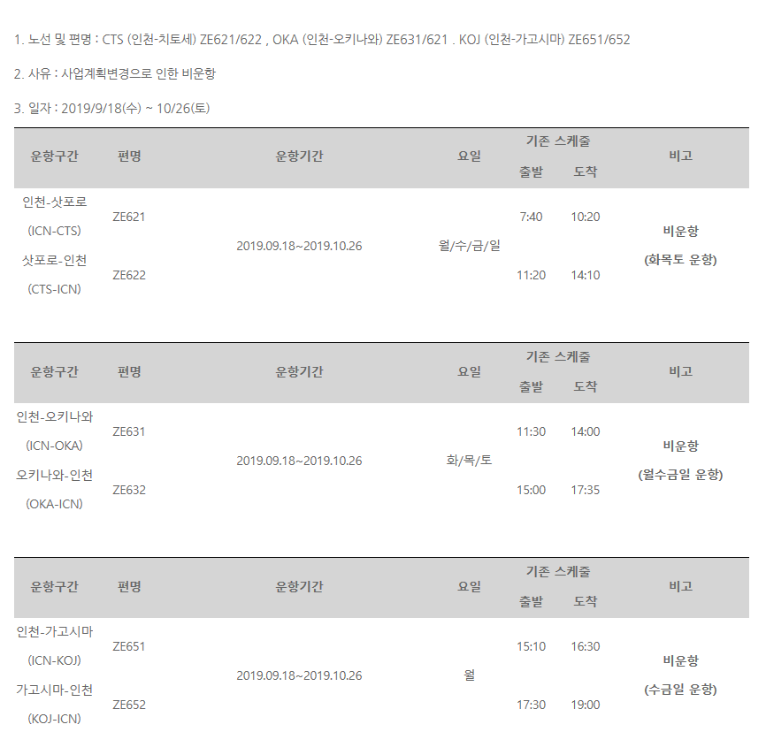 [이스타항공] 하계 9-10월 일부요일 인천-치토세/오키나와/가고시마 결항안내