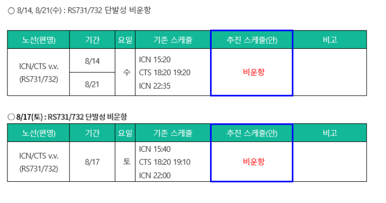 [에어서울] 8월 삿포로 노선 (RS731/732) 비운항 안내