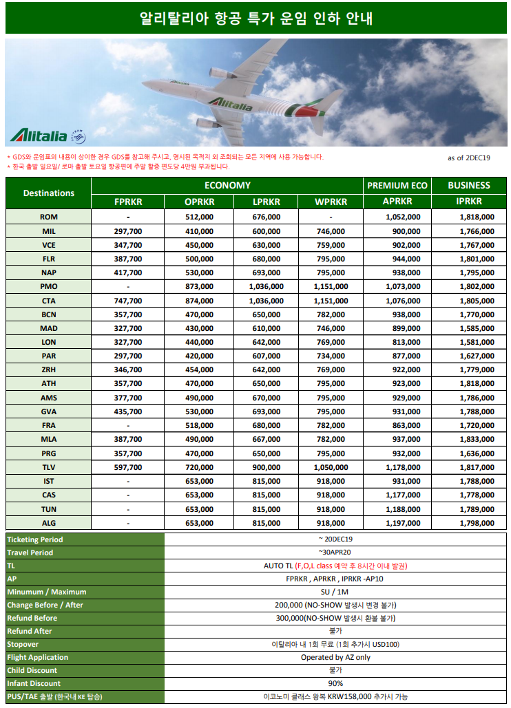 [알리탈리아항공]알리탈리아 특가 연장